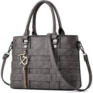 PU Leather Weave Grey Shoulder Bag for Women Elegant Top Handle Designer Purse